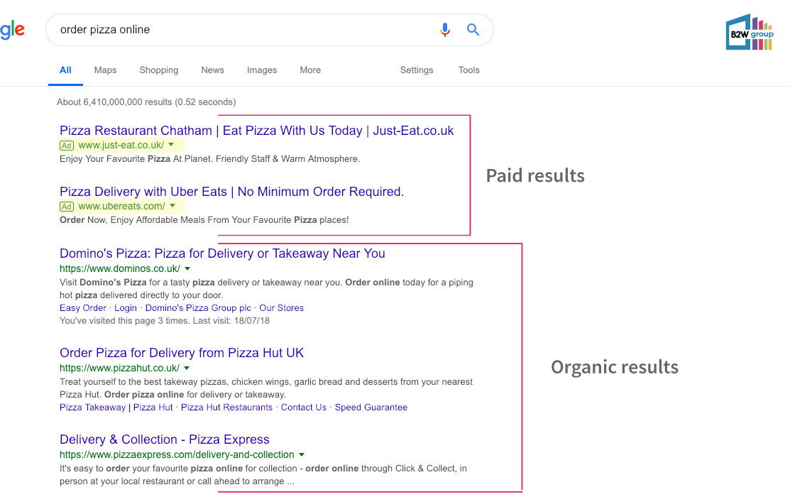 example of paid and organic search result